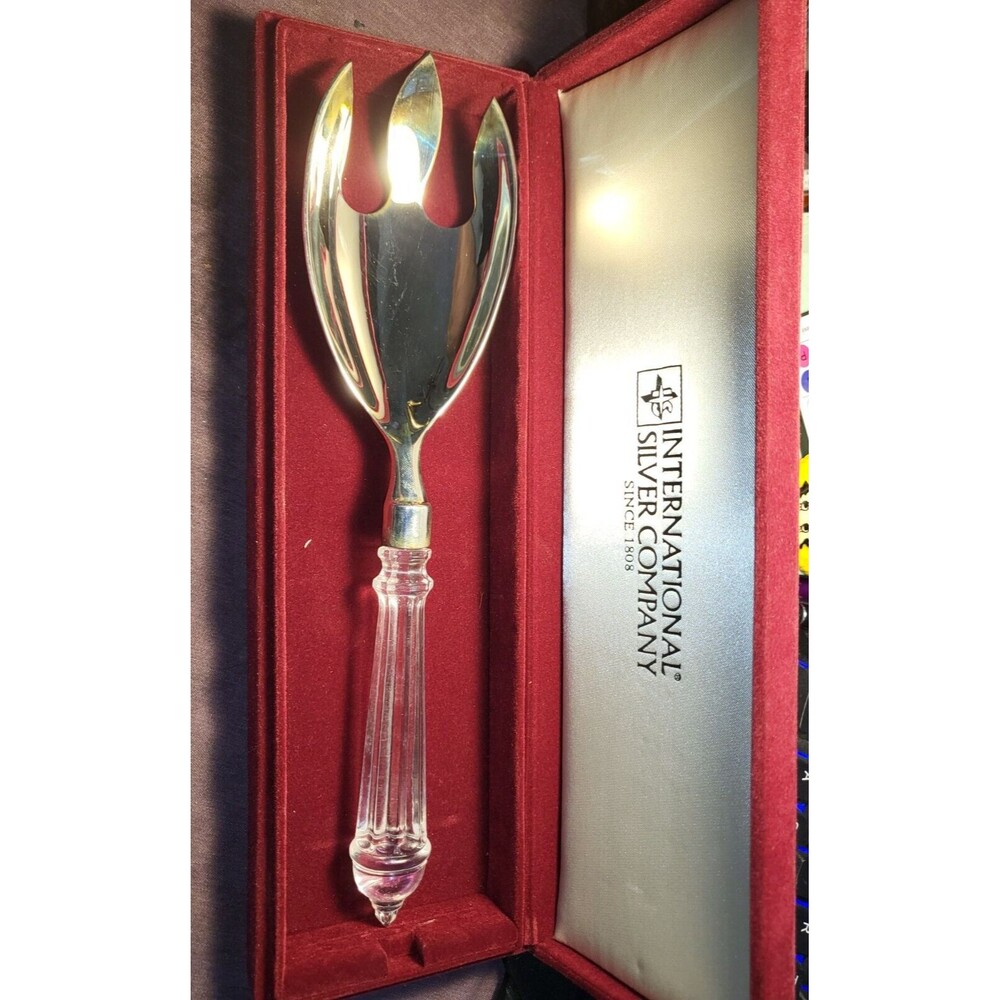 International Silver Company Lg. Serving Fork w/ Burgundy Case & Crystal handle